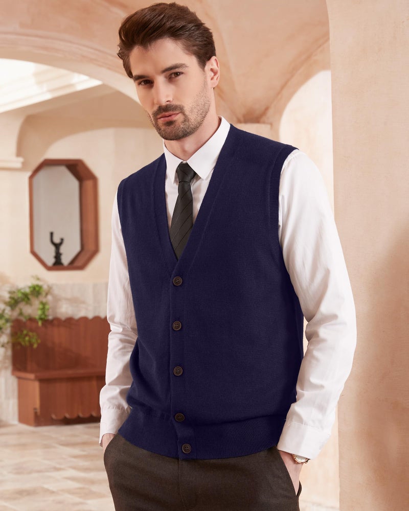 Kallspin Men's Sweater Vest Wool Blend V-Neck Button Sleeveless Cardigan Vest Sweater (Navy Blue, Medium) - Image 4